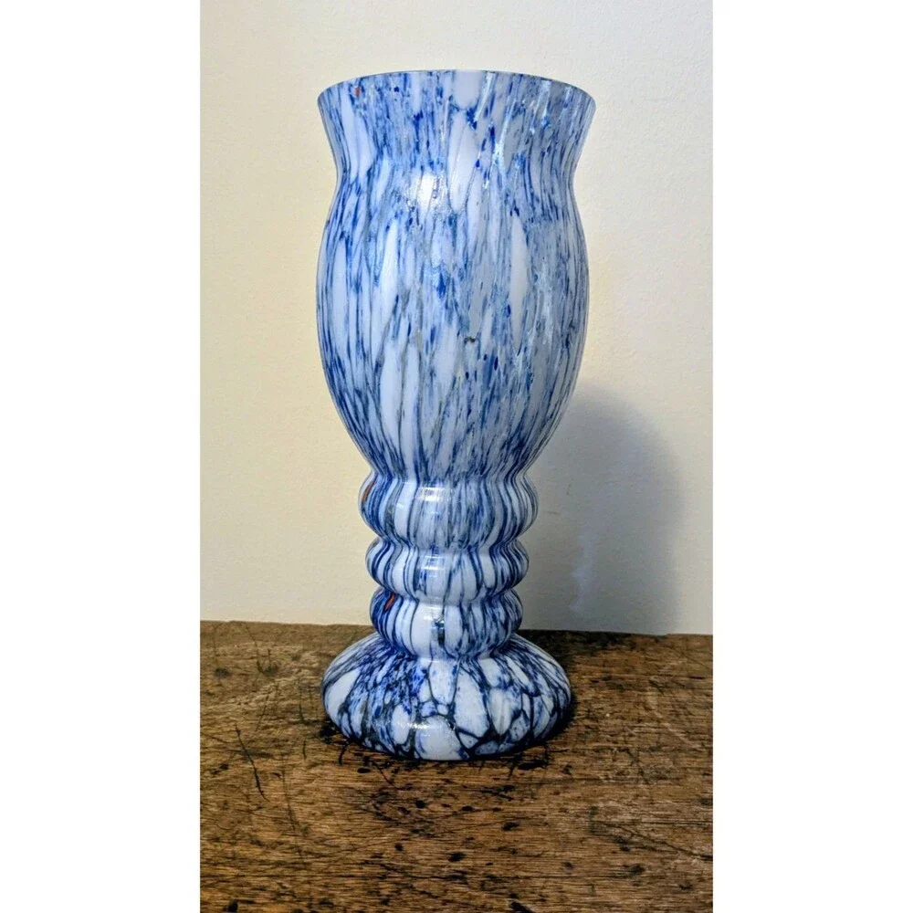 Franz Tomschick Czech Bohemian Art Deco Spatter Glass Vase Blue White 8.25